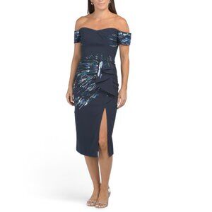 DRESS THE POPULATION Navy Multi Alani Off The Shoulder Sequin Dress